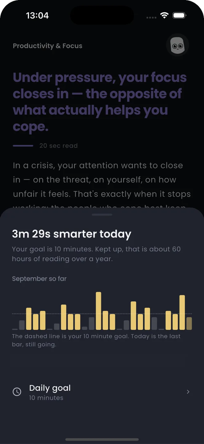 The reading sheet over a lesson card: 3m 29s smarter today, a bar chart of September with a dashed 10 minute goal line, and the daily goal setting.