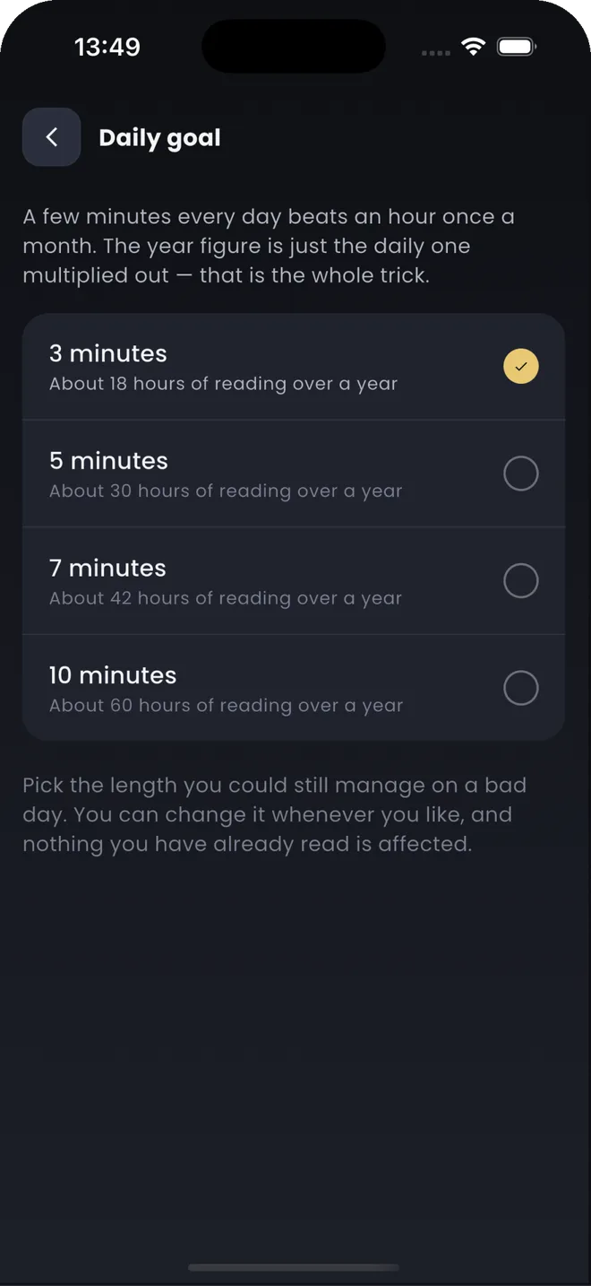 The daily goal screen with four choices, 3, 5, 7 and 10 minutes, each with its hours of reading over a year. 3 minutes is selected.